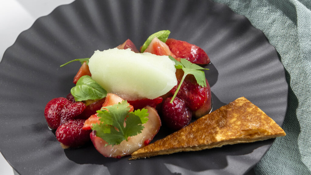 Fruits de saison en salade, sorbet, Vinaigre pulpe framboise, Huile d'olive basilic bio aix&terra