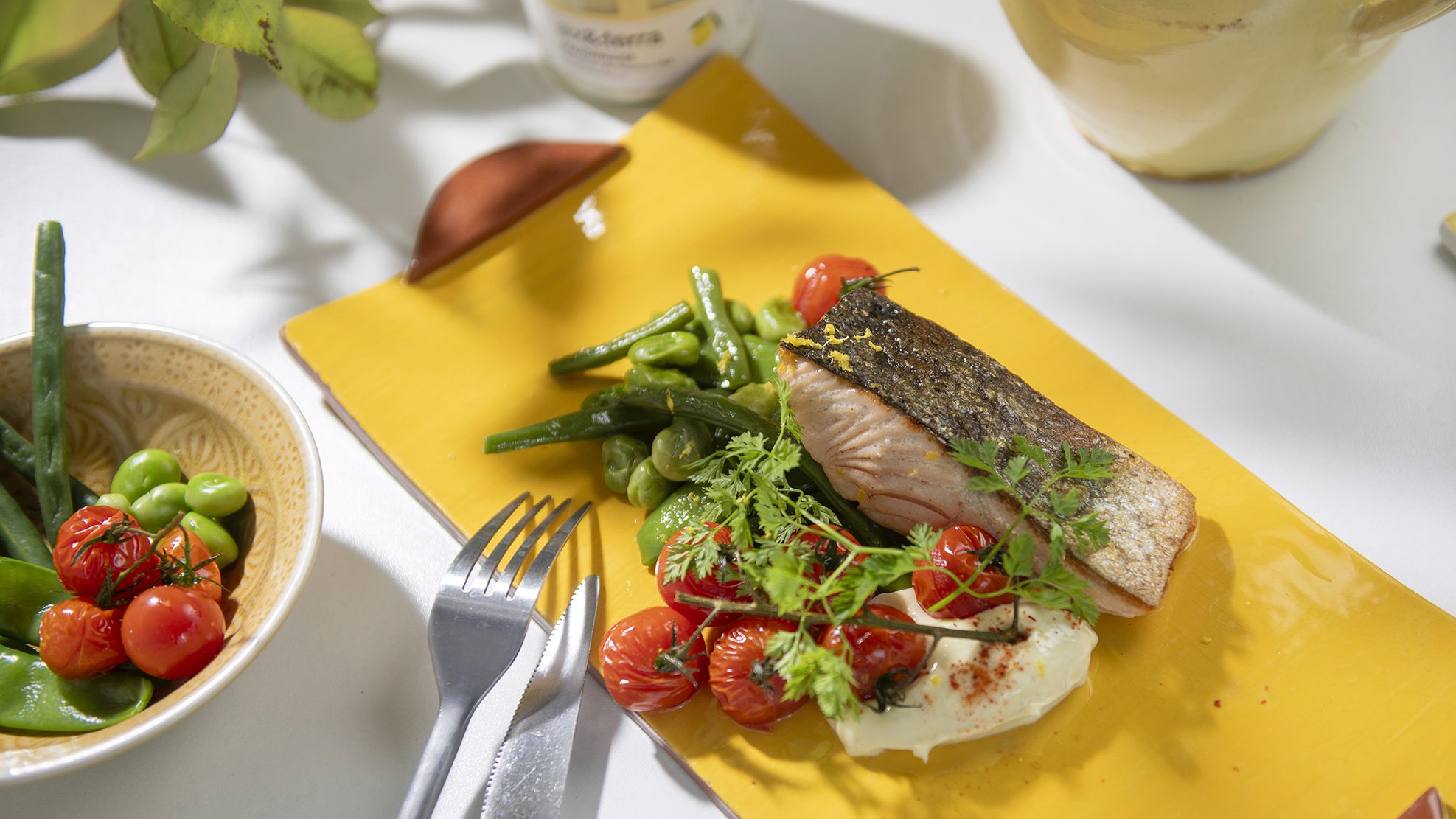 Pavé de saumon, tomates rôties et légumes verts, Mayonnaise citron de Menton IGP aix&terra